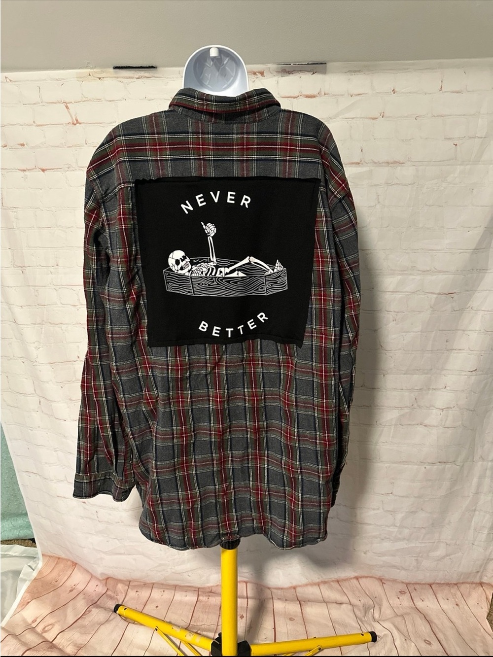 Upcycled Never Better Skeleton in Coffin Halloween Tee Flannel Sz XXL Tall